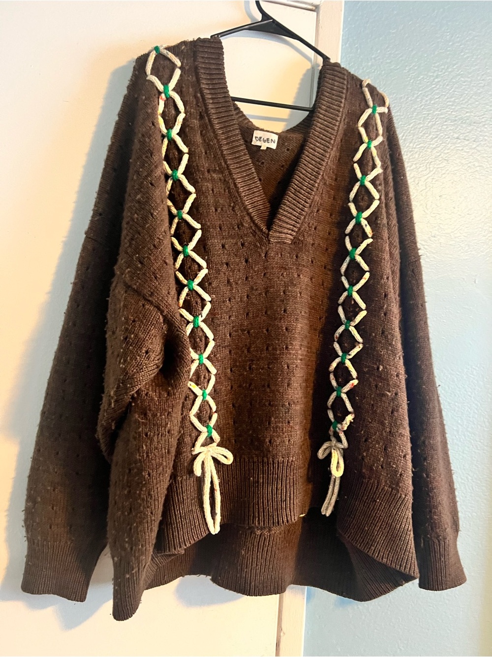 Laced Pullover Wool Sweater DEGEN— Brown V-Neck Knit Sweater with Braided Detail